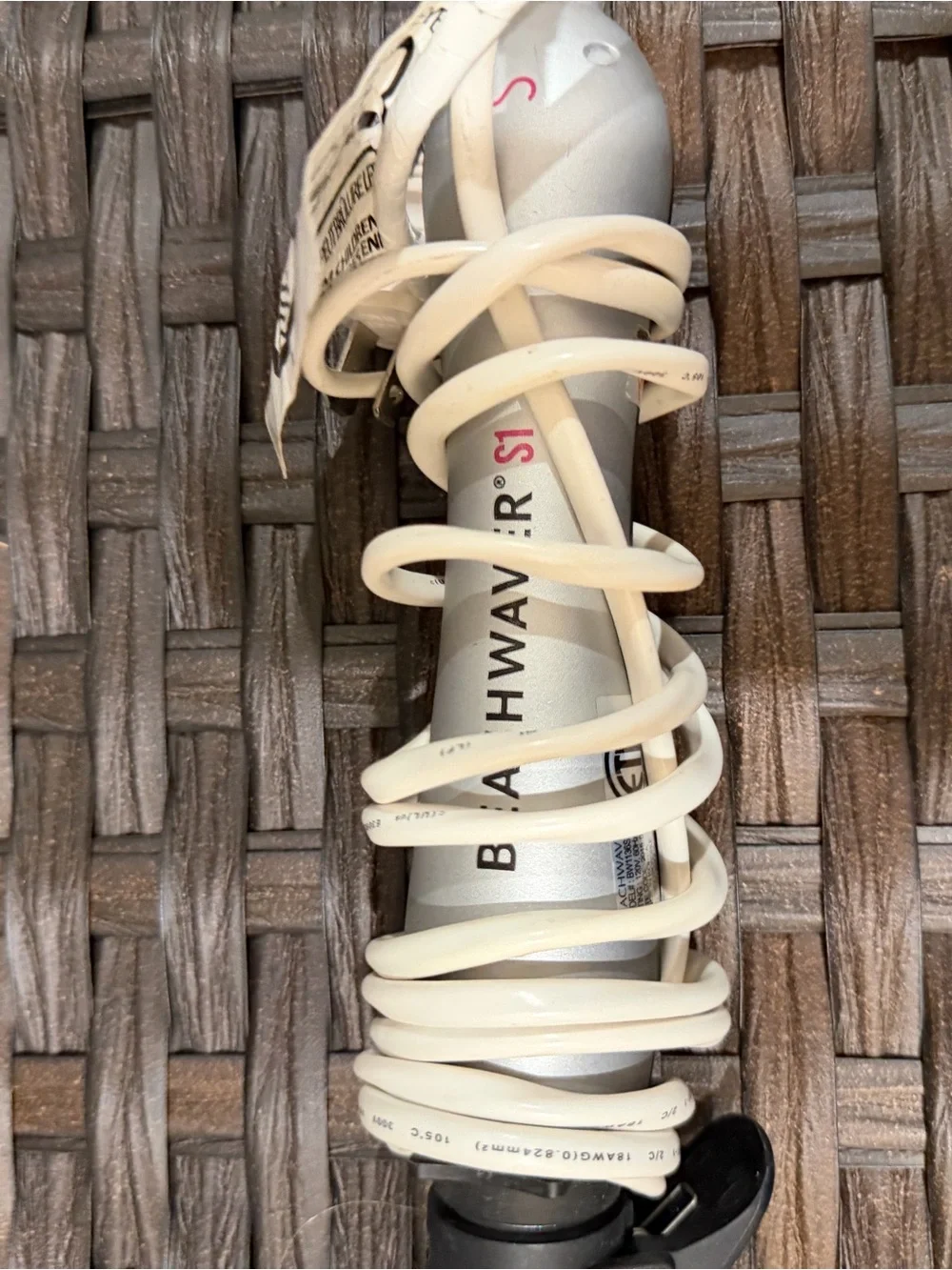 Silver beachwaver Wand with Black Handle and Wrapped White Cord